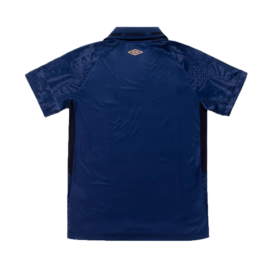 Vista traseira da camisa infantil oficial Grêmio 2025 Umbro na cor marinho mostrando gola polo e detalhes bordados